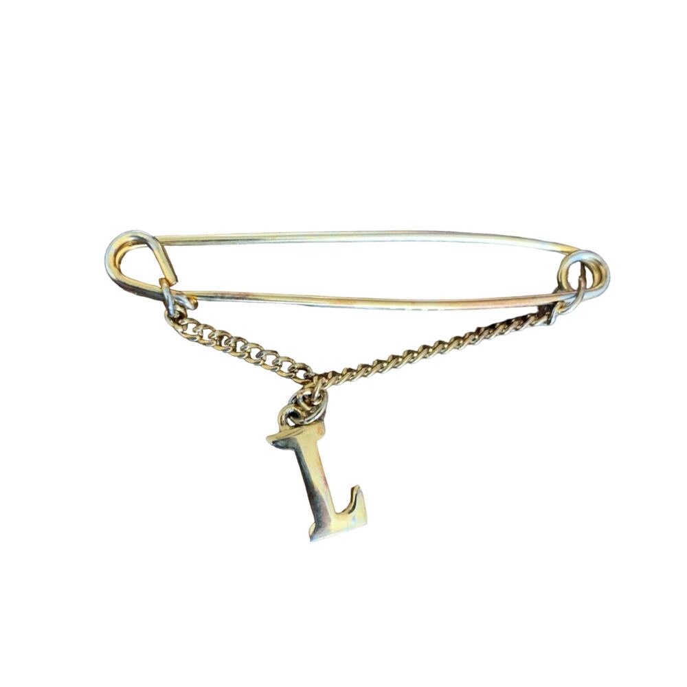 Bar Pin Brooch Gold Tone Letter “L” On Pin With Chain